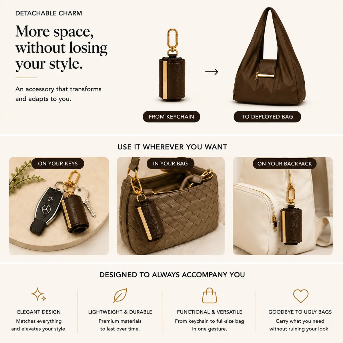 NumerostyTM Varelli Charm Transformable Bag – Stylish Vegan Leather Tote & Keychain Charm
