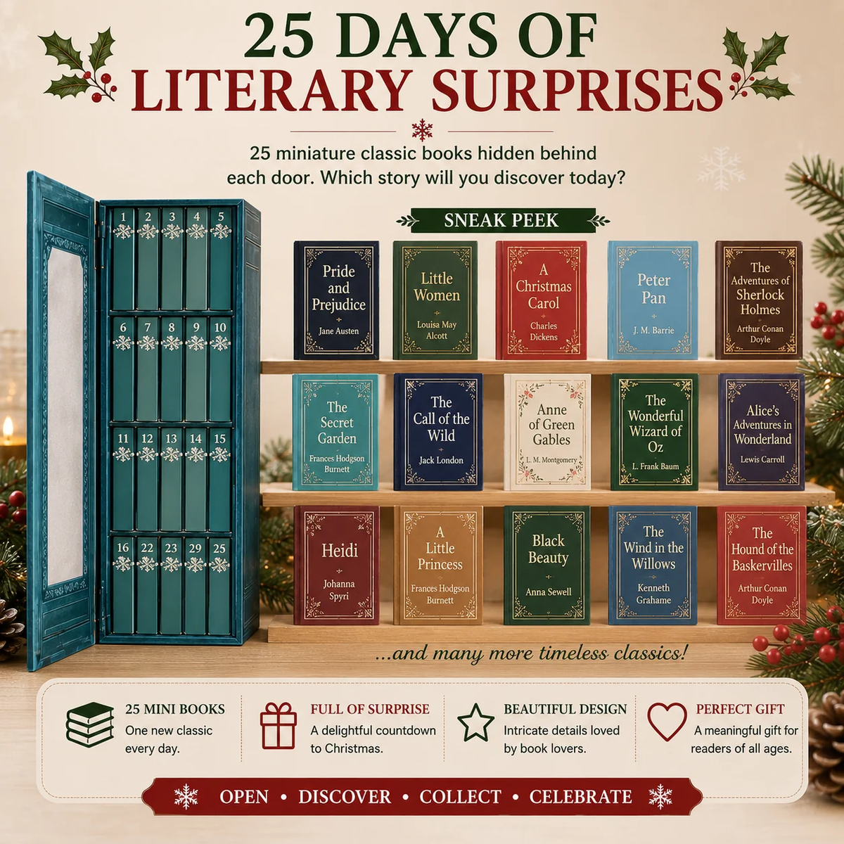 📚 25-Day Christmas Book Advent Calendar with Miniature Book Ornaments