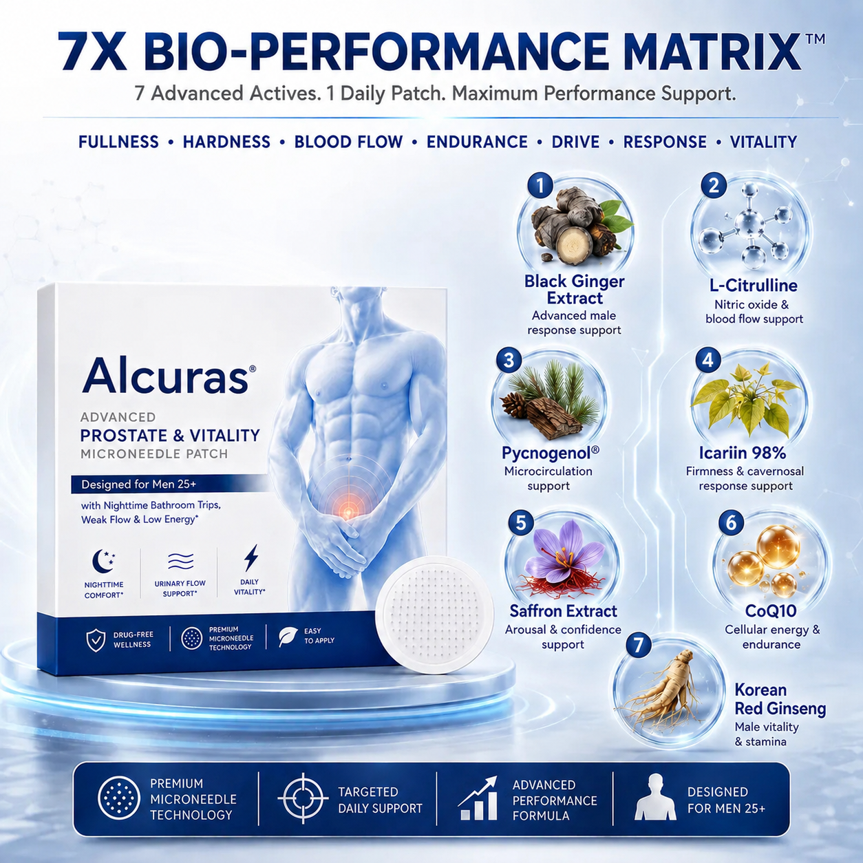 Alcuras® Advanced Prostate & Vitality Microneedle Patch Designed for Men 25+ with Nighttime Bathroom Trips, Weak Flow & Low Energy