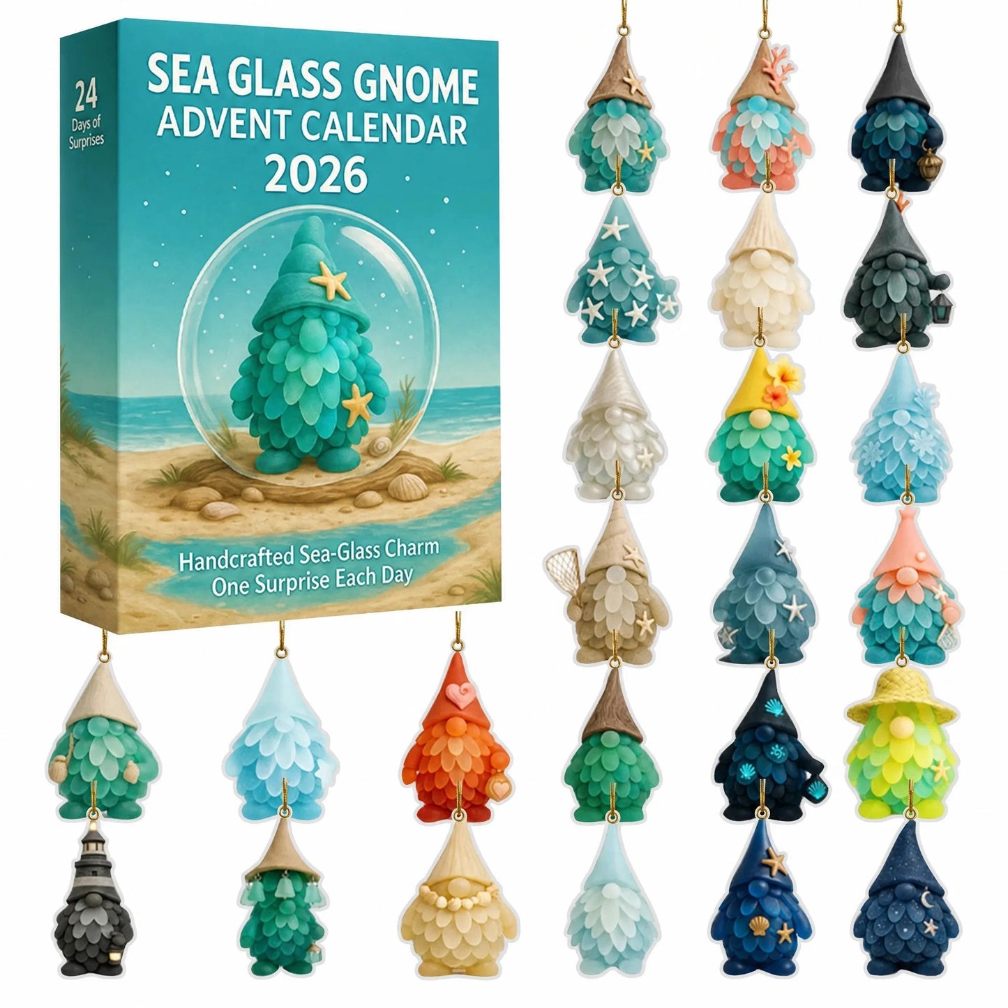 🌊🧝‍♂️ Sea Glass Gnome Advent Calendar 2026 | 24 Coastal Gnome Charms for Christmas Countdown, Tree Decor & Holiday Gifts 🎄✨