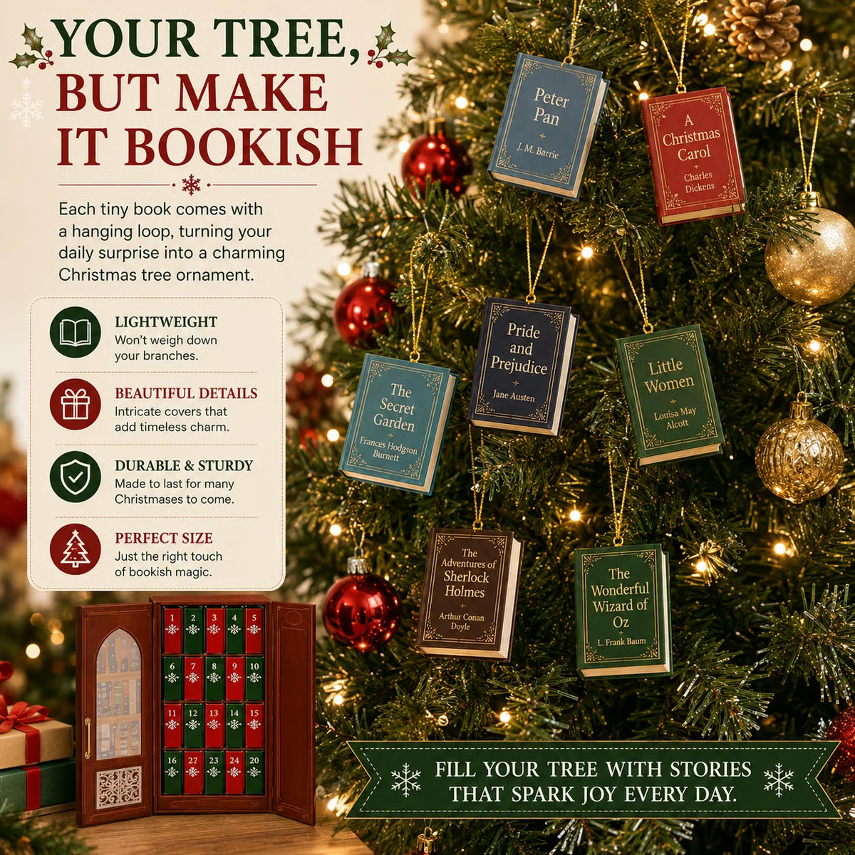 📚 25-Day Christmas Book Advent Calendar with Miniature Book Ornaments