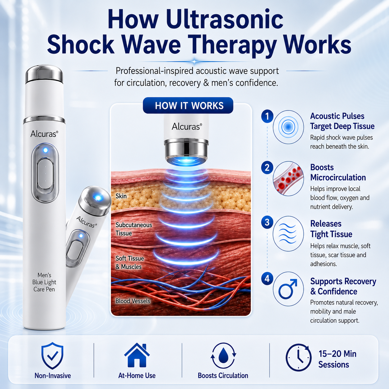 💪Advanced Acoustic Shockwave Therapy restores penile tissue health to enhance rise rigidity, stamina, and male performance confidence, relieving muscle pain, joint stiffness, tendon discomfort📈