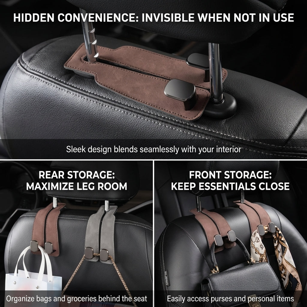 2-in-1 Premium Leather Car Headrest Hanger with Metal Hooks (1 Pair)