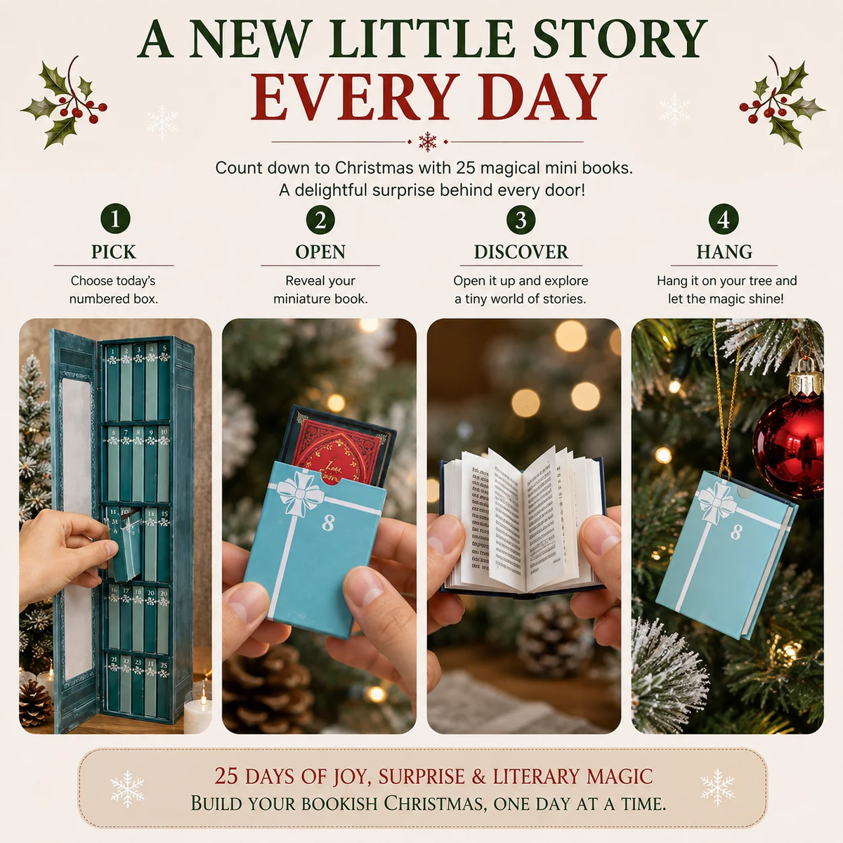 📚 25-Day Christmas Book Advent Calendar with Miniature Book Ornaments