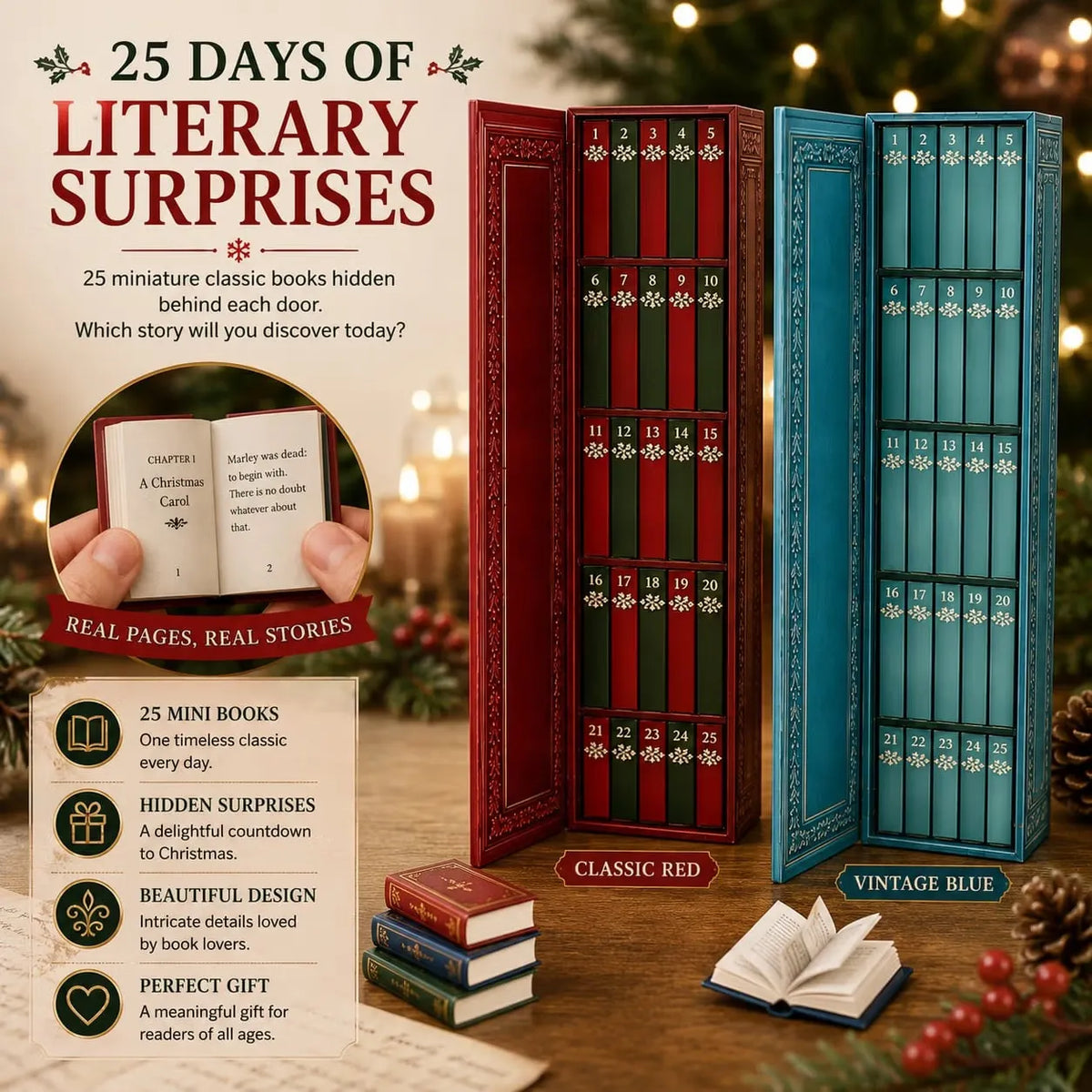 📚 25-Day Christmas Book Advent Calendar with Miniature Book Ornaments