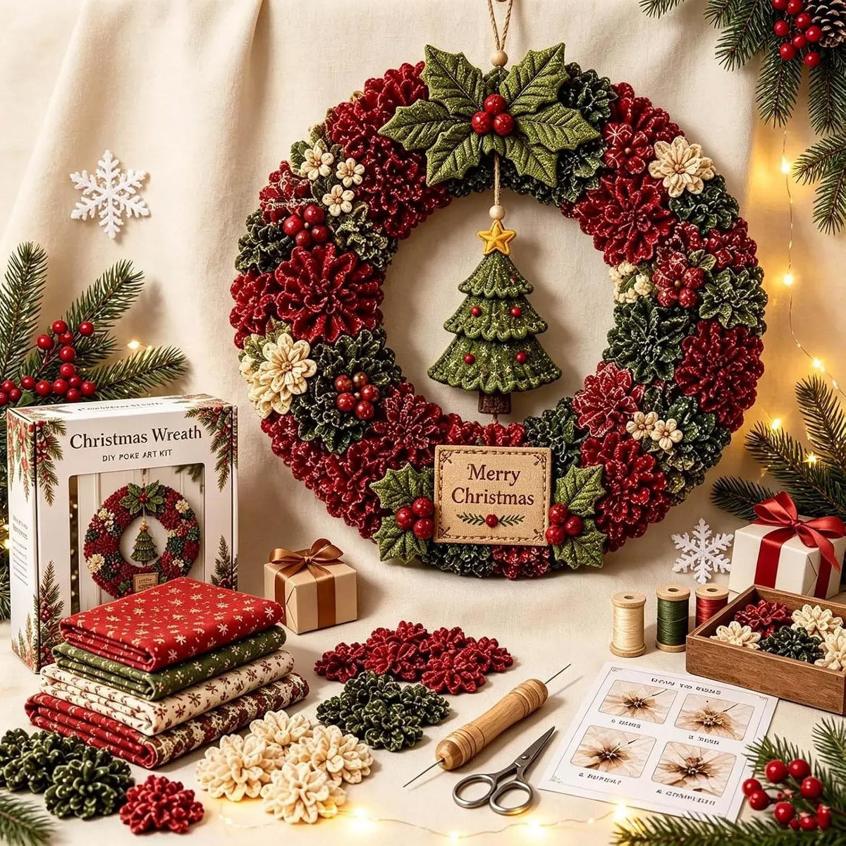 🎉Last Day 50% OFF🎄3D Fabric Poke Christmas Wreath DIY Kit